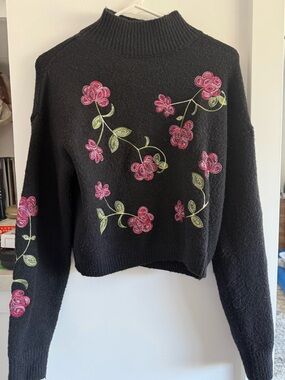 Alya Black Mock Neck Sweater with Pink Floral Embroidery